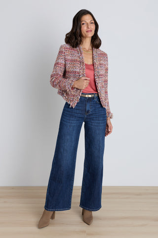 Florence Tweed Jacket - Rosewood Multi styled view showing the open front and fringe trim