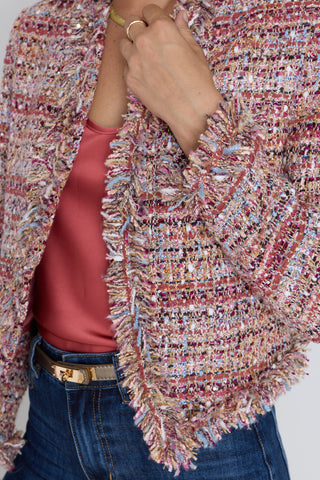Detail of the Florence Tweed Jacket in rosewood multi showing the multicolor weave