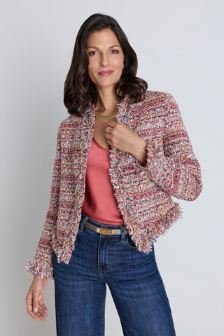 The Florence Tweed Jacket in rosewood multi, cropped tweed in pink, red, and beige with frayed edges