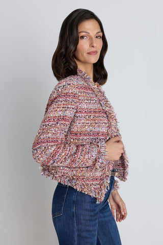 The Florence Tweed Jacket in rosewood multi shown in a styled outfit view