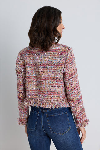 Back view of the Florence Tweed Jacket - Rosewood Multi showing the cropped fit