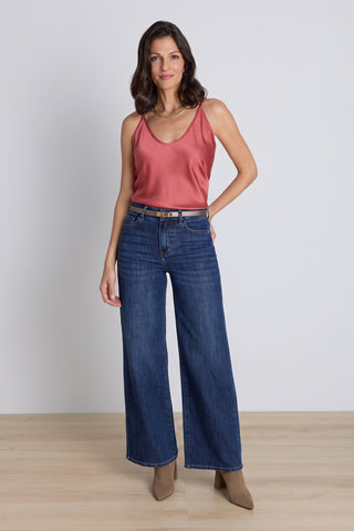 Yara Silk Camisole - Rosewood styled view showing the rich coral satin
