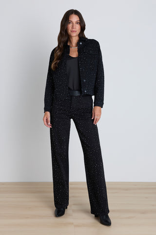 Sybil Crystal Denim Jacket - Black, front view showing the crystal embellishment on black stretch denim