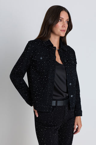 Detail of the Sybil Crystal Denim Jacket in Black, close-up of the crystal embellishment and denim texture