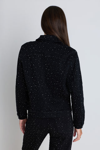 Back view of the Sybil Crystal Denim Jacket in Black on model, showing the full-length cut