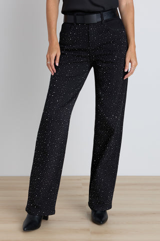The Hallie Crystal Jean in Black on model, a crystal-embellished high-rise wide-leg black jean, worn with the matching Sybil Crystal Denim Jacket