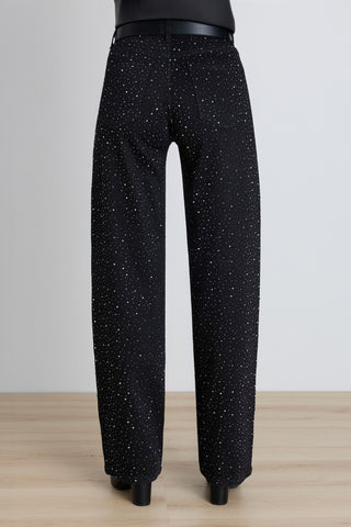 Back view of the Hallie Crystal Jean in Black on model, showing the high-rise fit and straight wide-leg fall