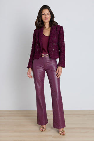 Aria Coated Flare Jean in Mulberry on model, alternate view
