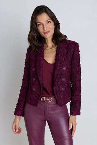 Gabrielle Double Breasted Tweed Blazer in Mulberry on model