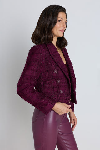 Gabrielle Double Breasted Tweed Blazer in Mulberry on model, alternate view