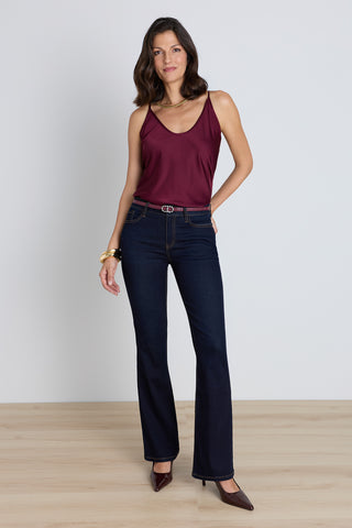 Aria Flare Jean - Indigo styled view showing the dark wash and flare silhouette