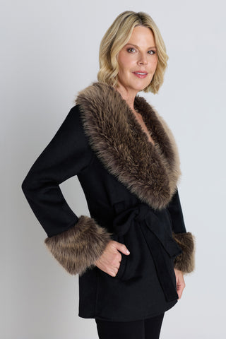 Isabel Fur Trim Coat - Black/Brown