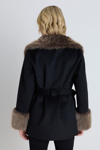 Isabel Fur Trim Coat - Black/Brown