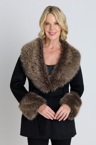 Isabel Fur Trim Coat - Black/Brown