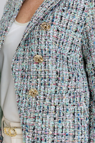Gabrielle Tweed Blazer - Teal Multi styled view showing the peaked lapels and gold buttons