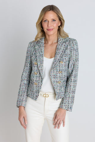 Gabrielle Double Breasted Tweed Blazer - Teal Multi