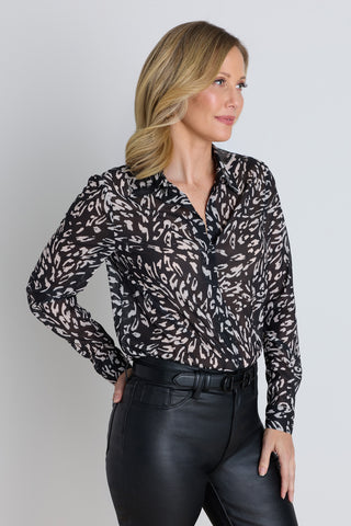 Ana Chiffon Blouse in Black/White Leopard, side view. Relaxed fit chiffon blouse in a black and white leopard print, about 26.5 inches from shoulder to hem.