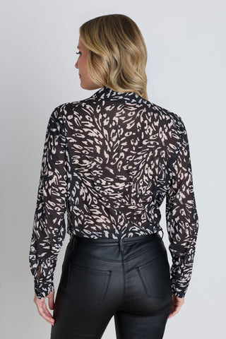 Ana Chiffon Blouse in Black/White Leopard, back view. Full-length black and white leopard chiffon blouse with an easy, fluid drape.