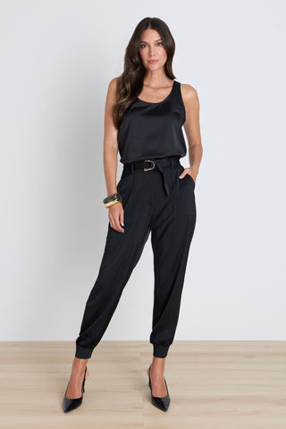Adrienne Satin Cargo Pant in Black worn styled, fluid black satin pant, The Noli Shop