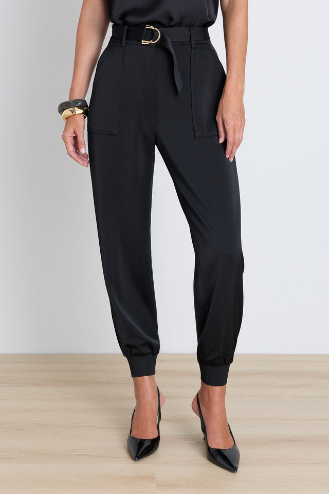 Adrienne Satin Cargo Pant in Black, black satin cargo evening pant, The Noli Shop