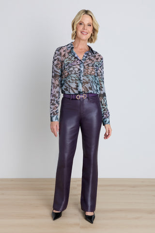 Ana Chiffon Blouse in Abstract Butterfly styled view showing the sheer crinkle chiffon drape and wing print, The Noli Shop