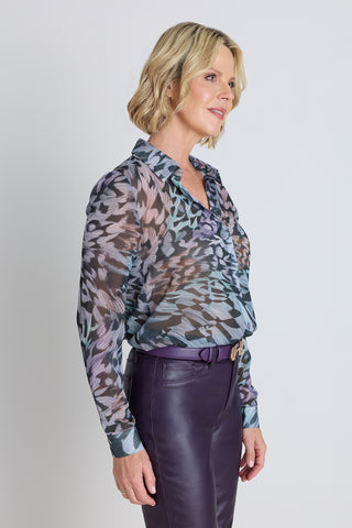 Detail of the Ana Chiffon Blouse in Abstract Butterfly showing the shirt collar, buttons and lilac, blue and mocha print, The Noli Shop