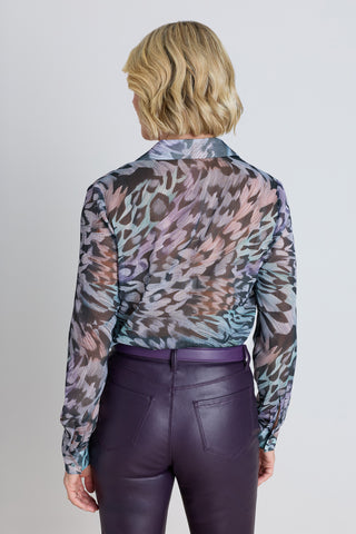 Ana Chiffon Blouse in Abstract Butterfly worn by model, alternate angle, The Noli Shop