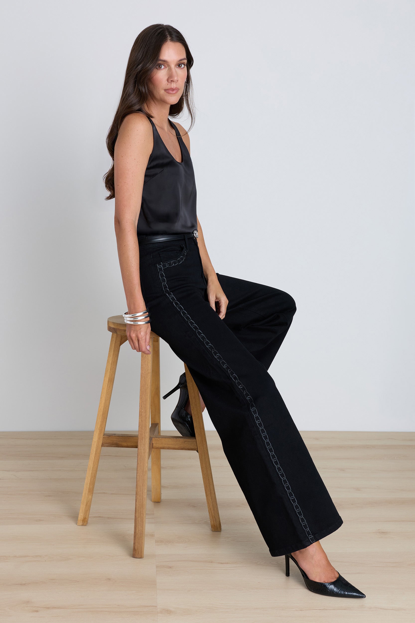 Celeste Slim Palazzo Jean - Black Chain | The Noli Shop