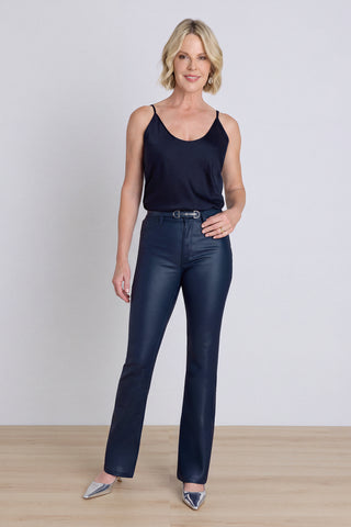 Aria Coated Flare Jean in Navy front view showing the leather-like coated finish