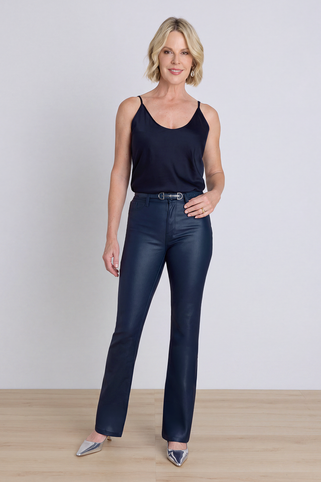 Aria Coated Flare Jean in Navy front view showing the leather-like coated finish