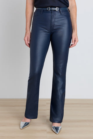 The Aria Coated Flare Jean in Navy, high-rise coated denim with a leg-lengthening flare