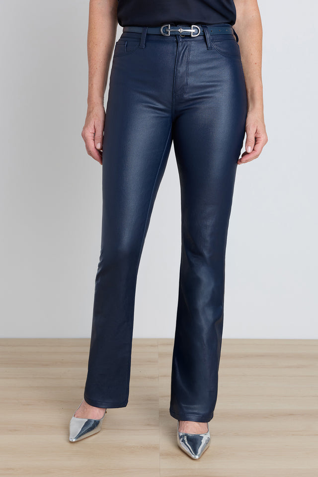 The Aria Coated Flare Jean in Navy, high-rise coated denim with a leg-lengthening flare