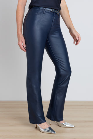 Aria Coated Flare Jean in Navy styled full-length view