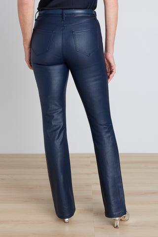 Back view of the Aria Coated Flare Jean in Navy showing the high-rise fit