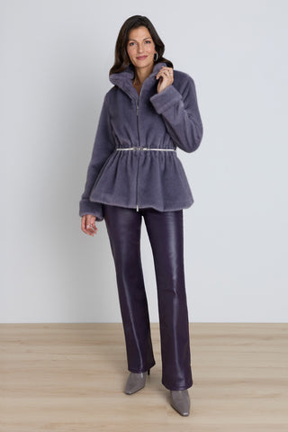 Antonia Belted Fur Jacket - Lavender styled view showing the belted waist and long sleeves