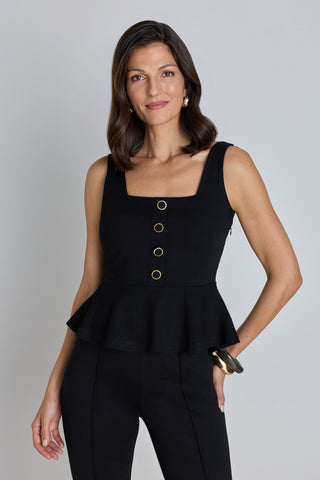 Silvana Peplum Top in Black worn by model, front view, black peplum top, The Noli Shop
