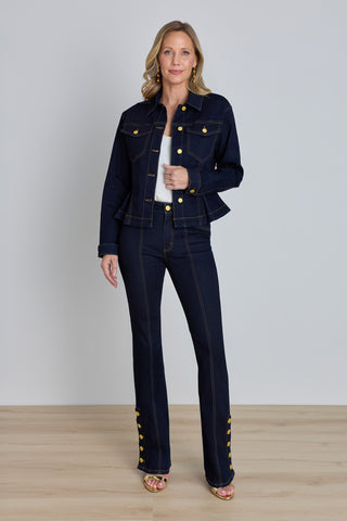 Veronica Button Jean - Indigo styled view showing the leg-elongating flare silhouette