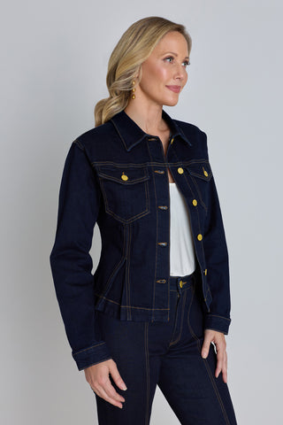 The Bethanie Denim Jacket in indigo shown in a styled outfit view