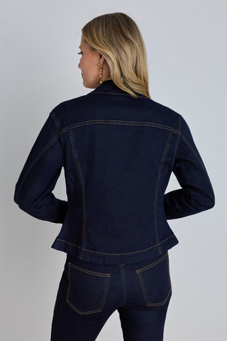 Back view of the Bethanie Denim Jacket - Indigo showing the peplum hem