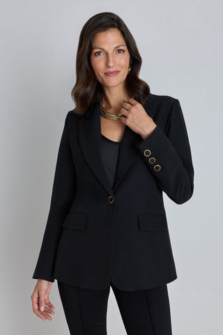 Cheryl Single Breasted Blazer in Black worn by model, front view, tailored black blazer, The Noli Shop