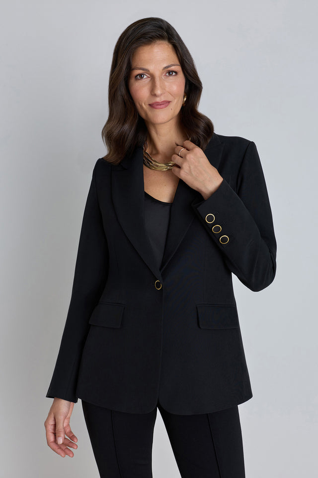 Cheryl Single Breasted Blazer in Black worn by model, front view, tailored black blazer, The Noli Shop