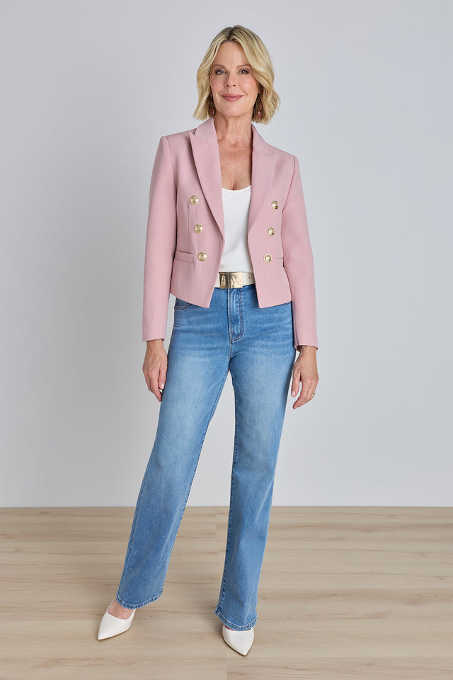 Gabrielle Double Breasted Blazer - Blush styled view showing the tailored waist