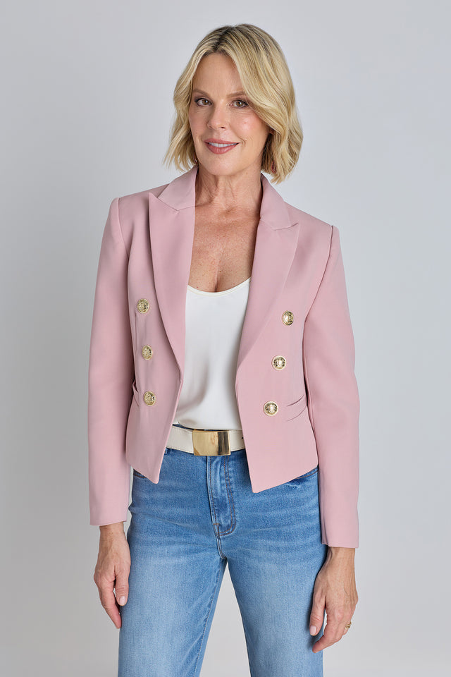 The Gabrielle Double Breasted Blazer in blush, luxe suiting with peaked lapels and gold buttons