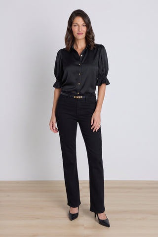 Cindy Ruffle Sleeve Blouse - Black styled view showing the ruffled cuffs and curved hem