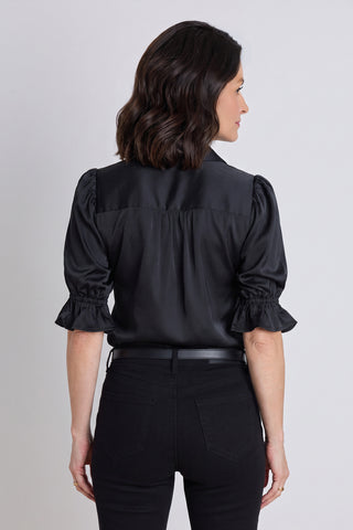 Back of the Cindy Ruffle Sleeve Blouse in black showing the three-quarter ruffle sleeves