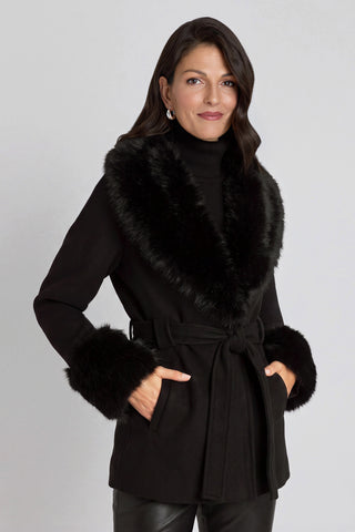 Isabel Fur Trim Coat in Black, alternate angle showing the faux fur cuffs and waist belt, The Noli Shop