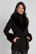 Isabel Fur Trim Coat in Black, alternate angle showing the faux fur cuffs and waist belt, The Noli Shop
