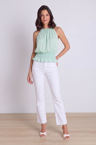 Betsy Halter Top - Mint styled view showing the ruched waist and ruffled hem