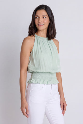 Detail of the Betsy Halter Top in mint showing the gathered neckline