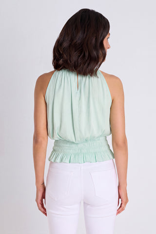 Back view of the Betsy Halter Top - Mint showing the airy silhouette